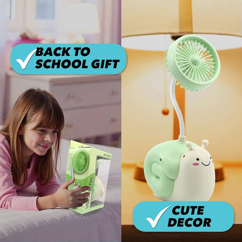 Ennotek Cute Snail Desk Fan with Pen Caddie – USB Plug‑In Table Fan with Strong Airflow & Small Backup Battery – Fun Office Desk Accessories for Home, School & Work (Green Snail) - Image 5